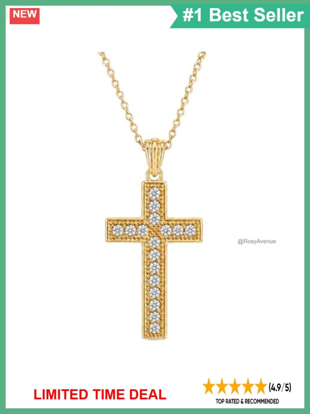 14K Yellow Gold Plated Cross Necklace Pendant with CZ Stones and Beaded Border